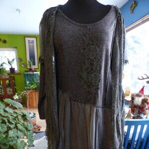 PRETTY ANGEL GOTH QUIRKY GRAY CROCHET CHIFFON EMBROIDERED MINI DRESS TUNIC XL